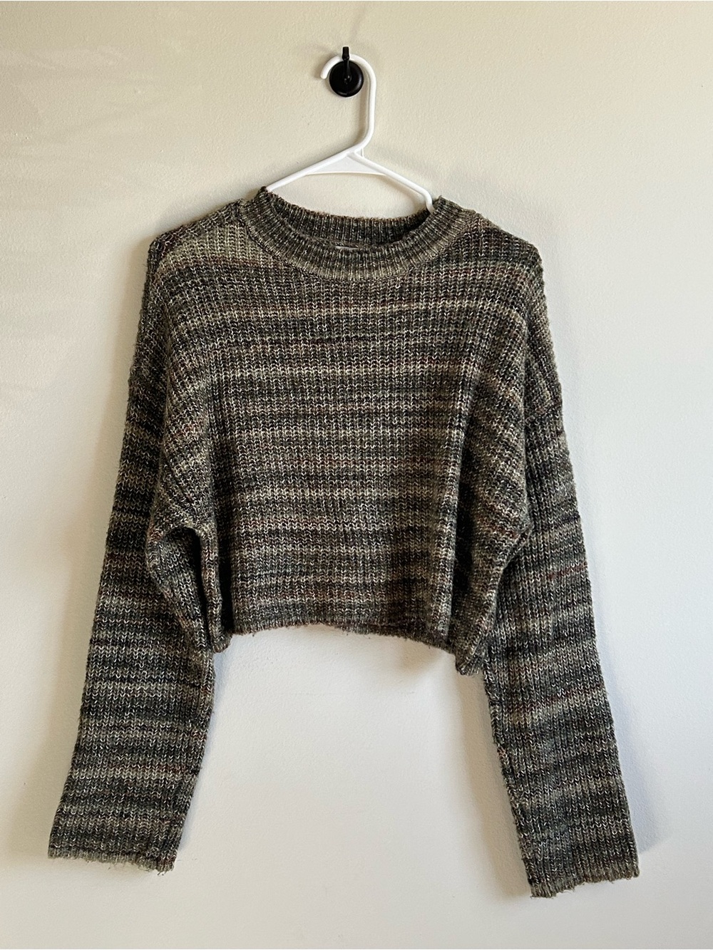 Striped Cropped Knit Sweater in Olive Gray - partially Wool